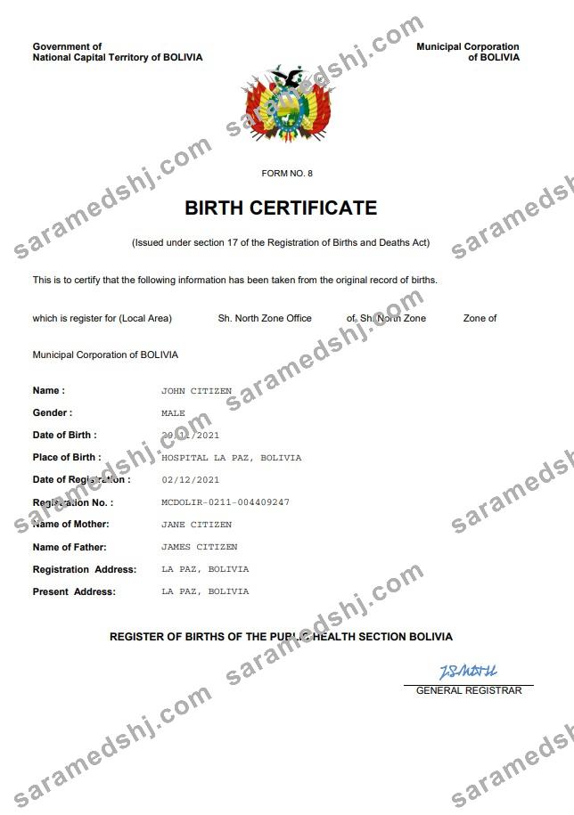 Bolivia vital record birth certificate Word and PDF template